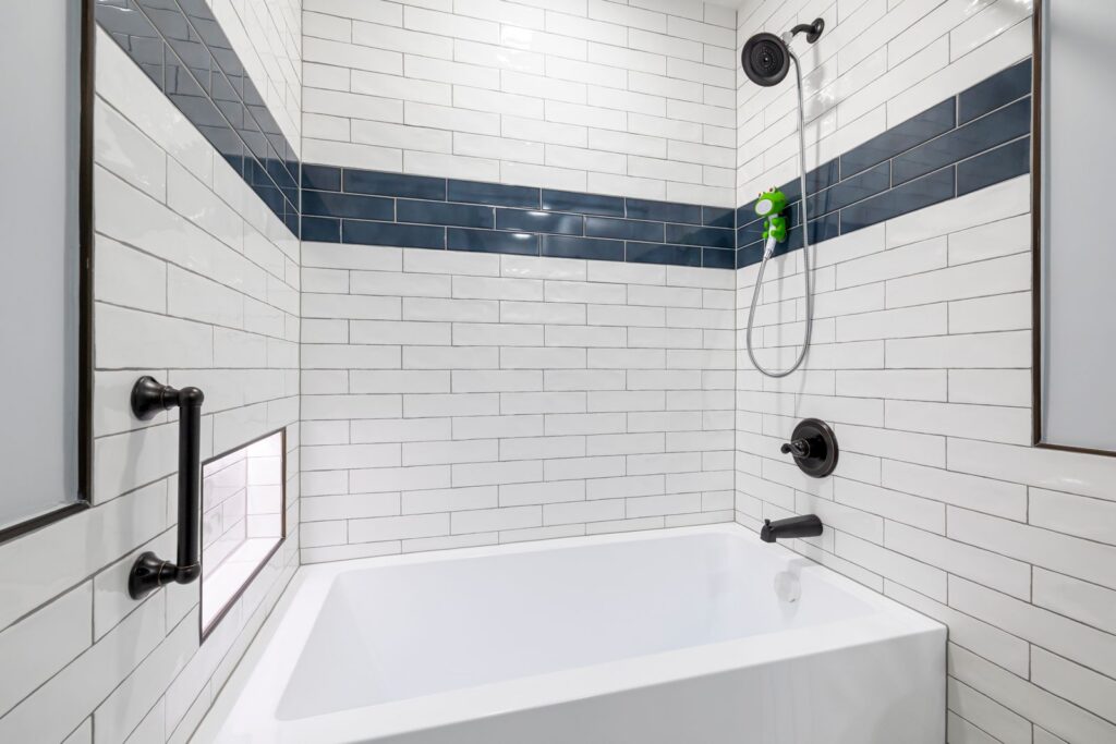 remodeled modern bathroom with vanity tub and walk-in shower Kitsap County WA