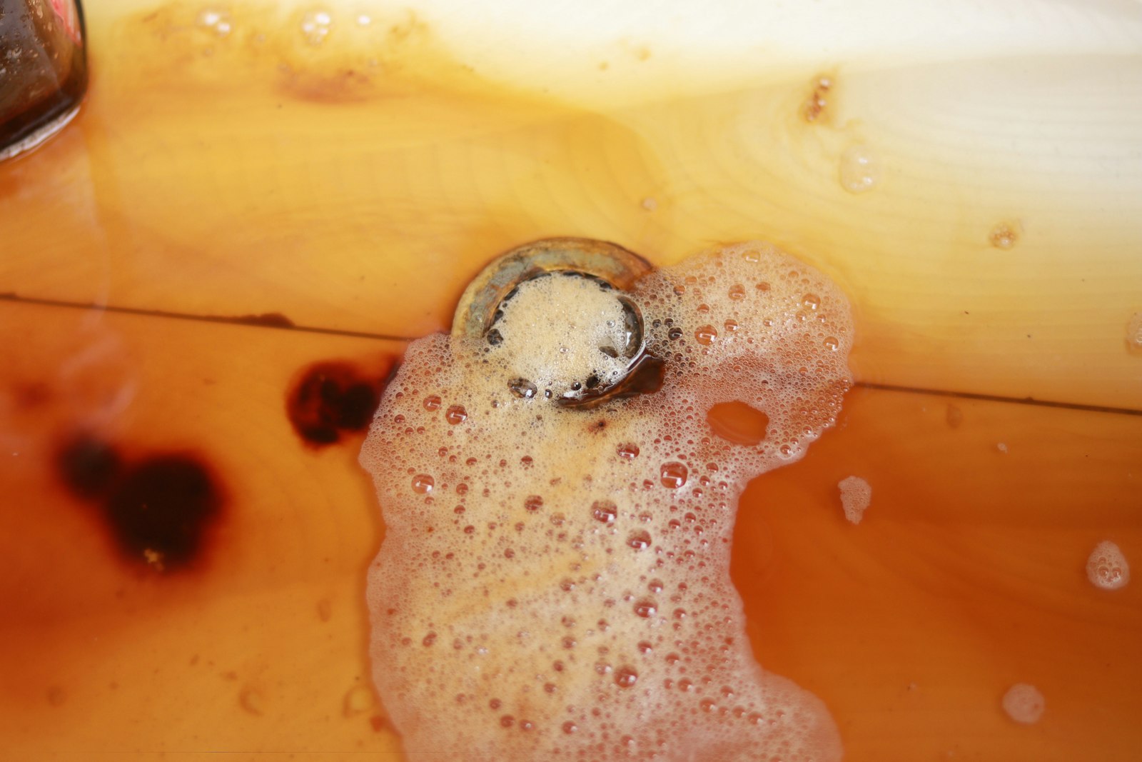 Dirty water backing up around a drain, a sign of a clogged main sewer line in Kitsap County, WA